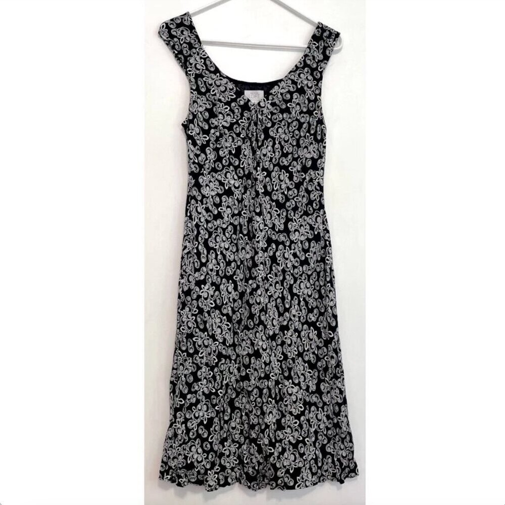 ANN TAYLOR LOFT Black White Rose Floral Print V-Neck Sleeveless Midi Shift Dress